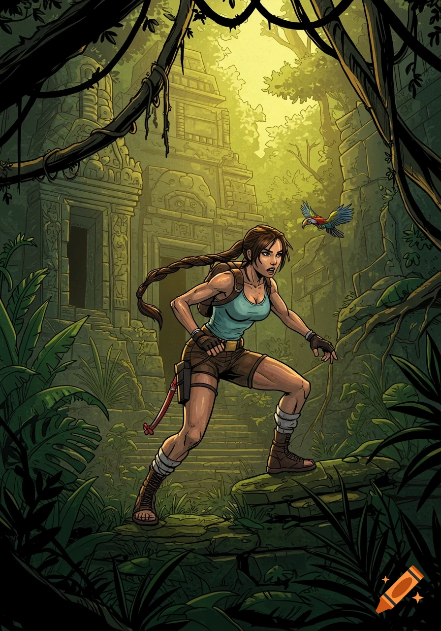 Graphic novel style art of an adventurous woman, like Lara Croft, exploring a lush jungle temple.