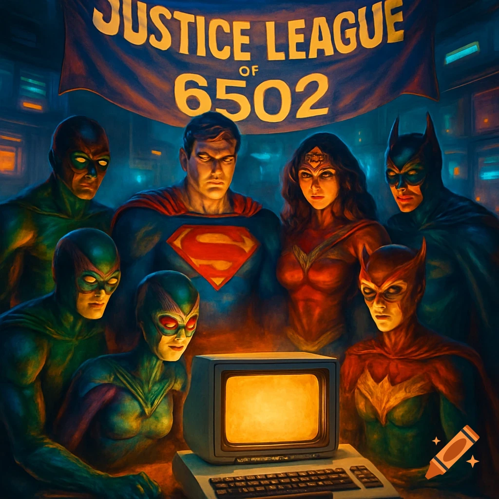 Justice League-like superheroes gather around a retro computer, with a banner above reading 'Justice League of 6502' in a painterly style.