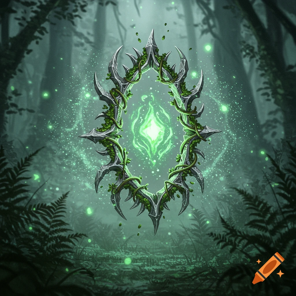 A spiked, vine-wrapped amulet with a glowing green center floats in a dark, mystical forest.