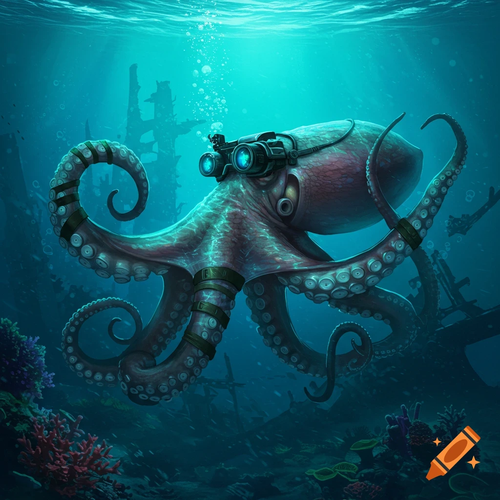 An octopus wearing night vision goggles swims through a vibrant underwater scene with coral and sunken structures.