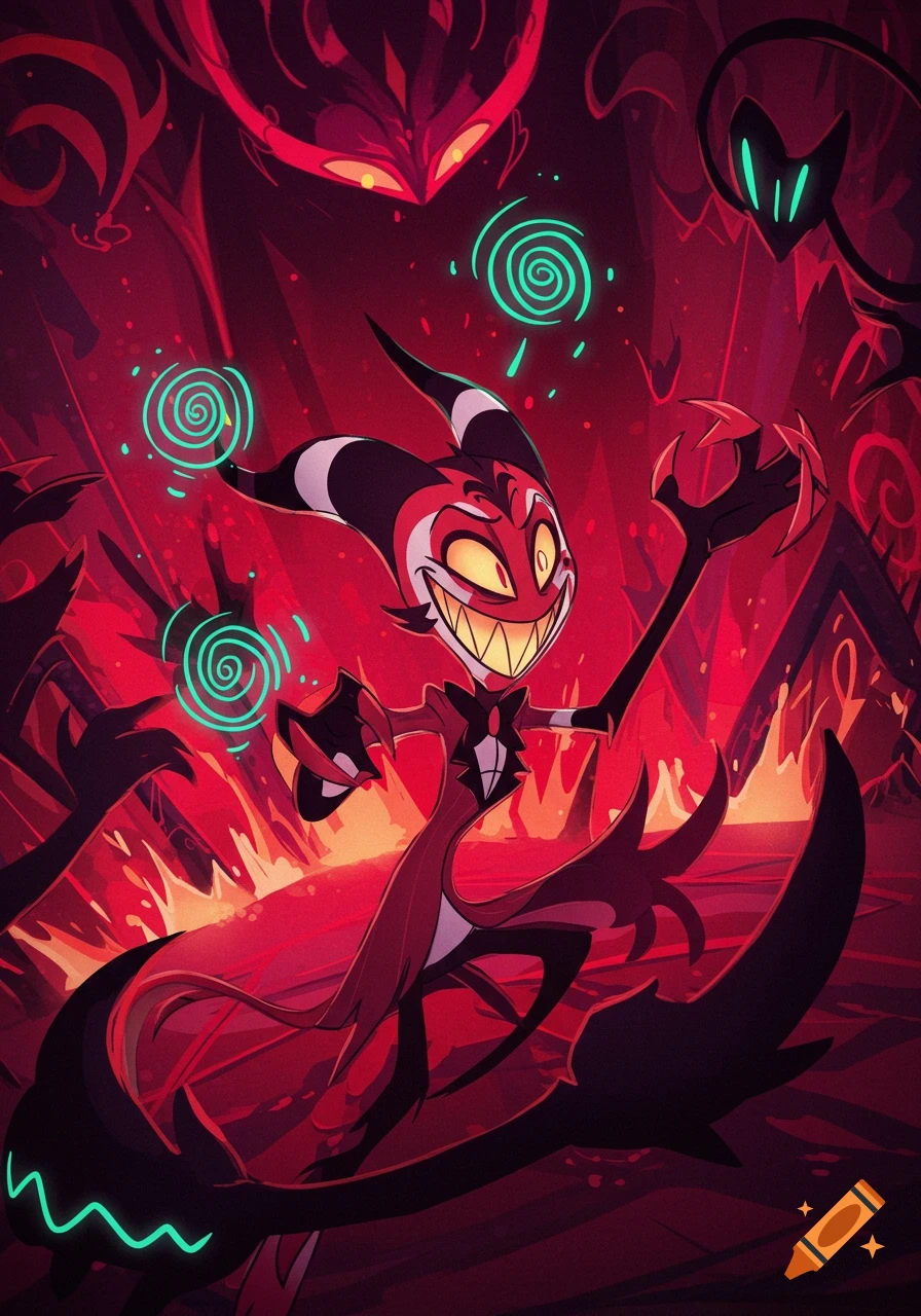 A cartoon demon with red skin, striped horns, and a wide grin poses dynamically in a vibrant, fiery hellscape with glowing green spirals.