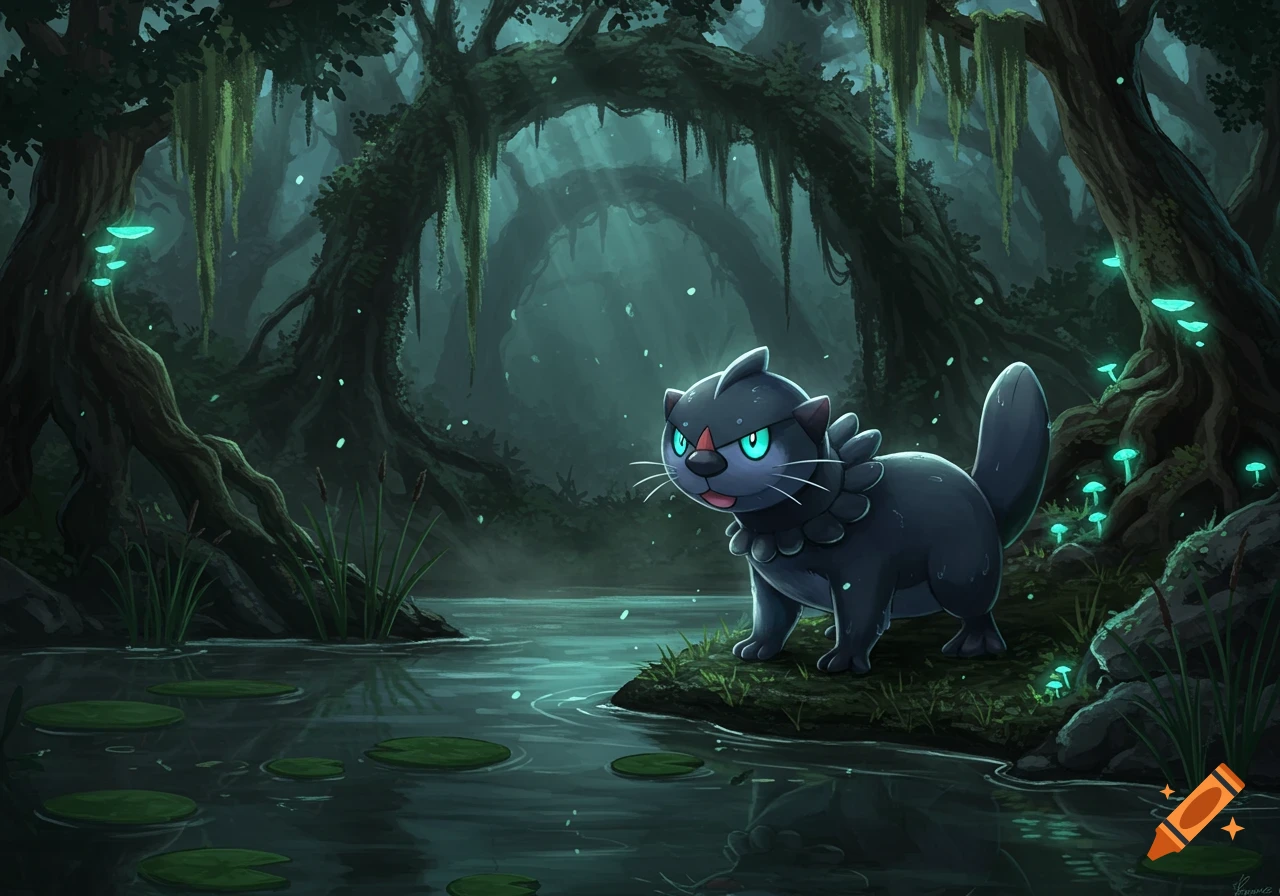 A dark, cat-like Pokemon with glowing blue eyes stands on a mossy bank in a mystical, dark swamp with glowing blue mushrooms.