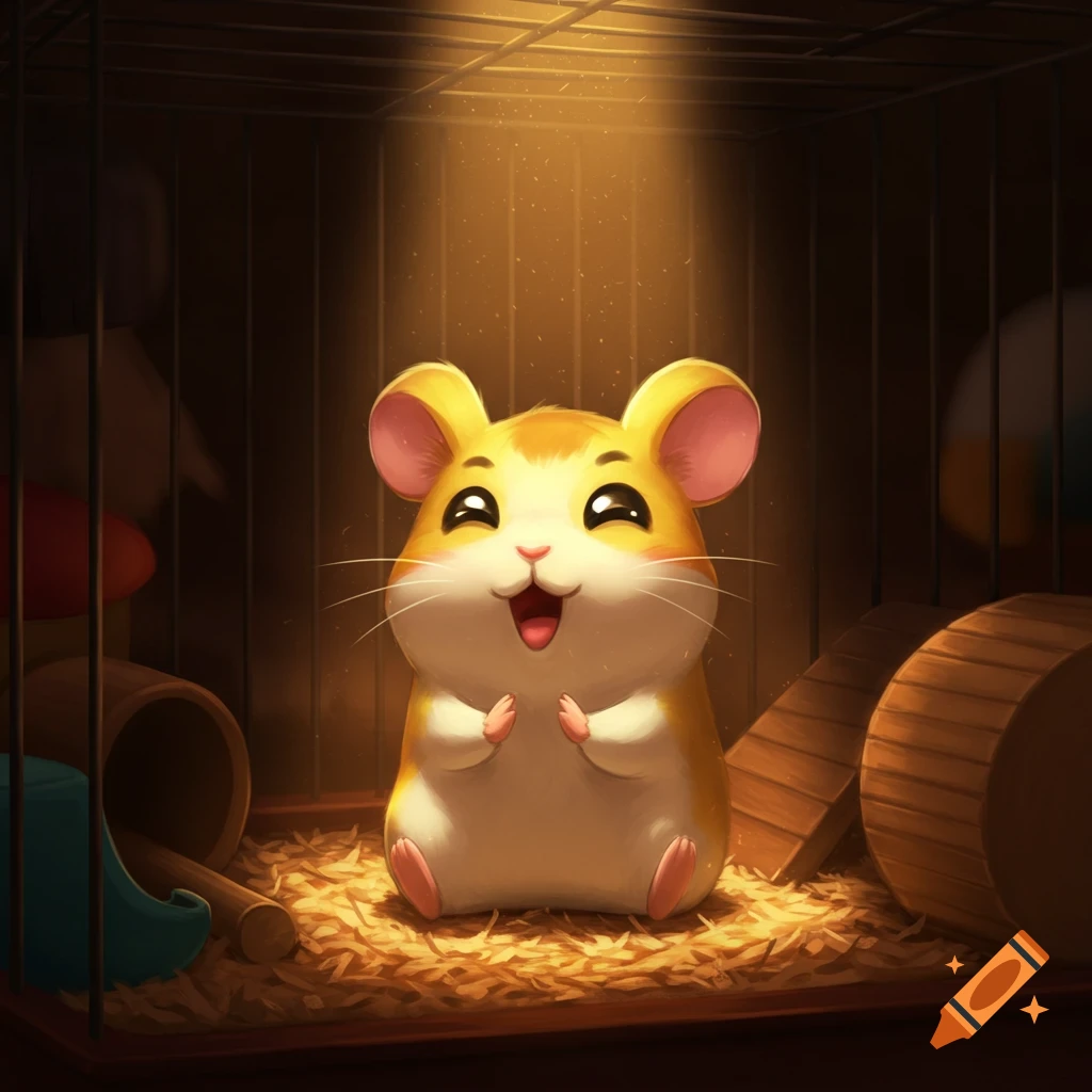 A cute, happy cartoon hamster with a big smile sits in a cage on wood shavings, illuminated by a dramatic spotlight from above.