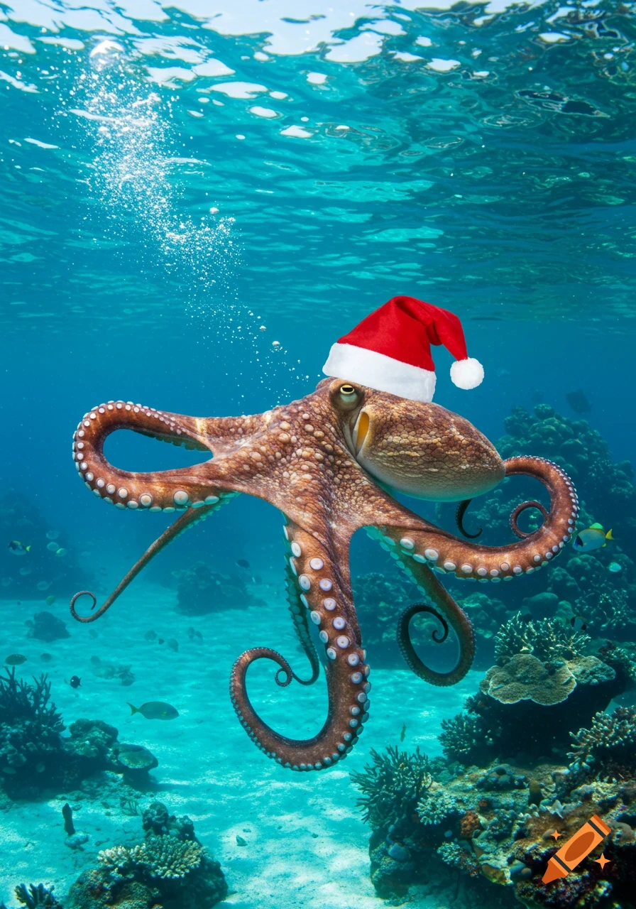 A realistic octopus wearing a red Santa hat swims underwater among coral and fish.
