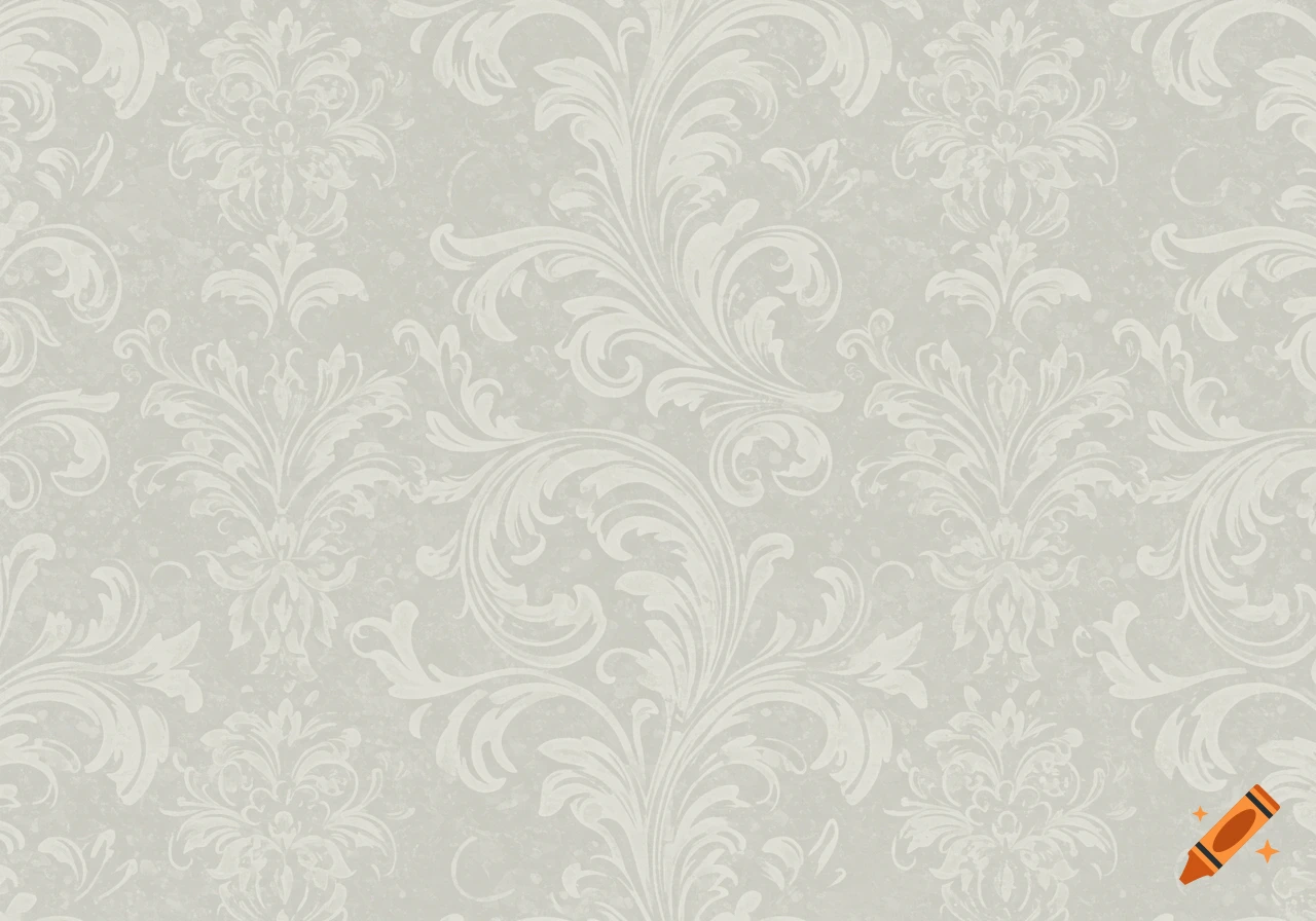 Light grey wallpaper with an intricate white floral gothic damask pattern.