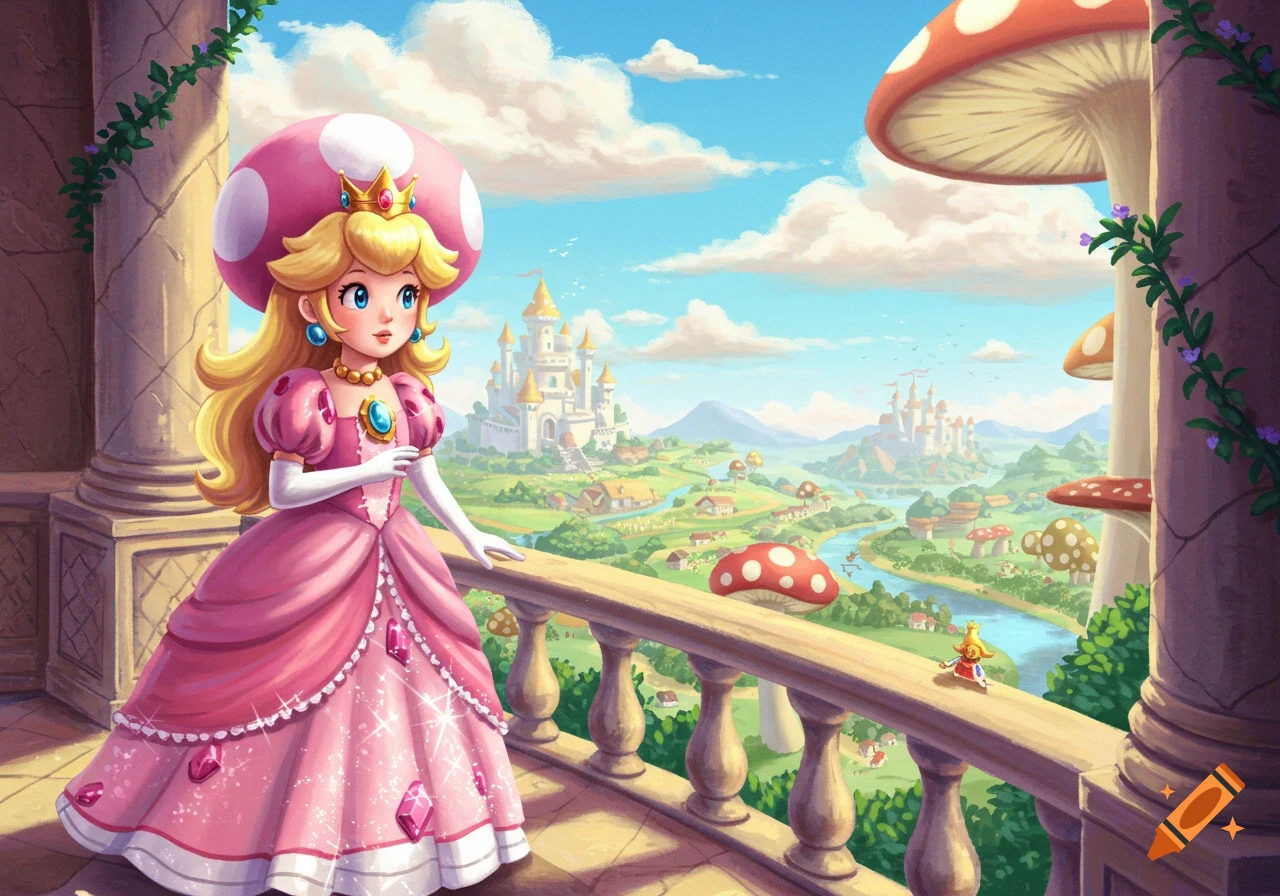 A colorful illustration of Princess Peach (Toadstool) on a balcony, overlooking a vibrant mushroom kingdom with castles and a river.