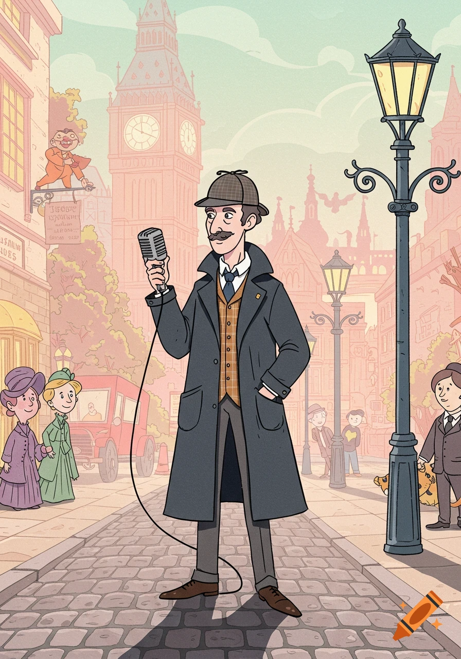 Cartoon detective in a deerstalker hat holding a microphone on a London cobblestone street with Big Ben in the background.