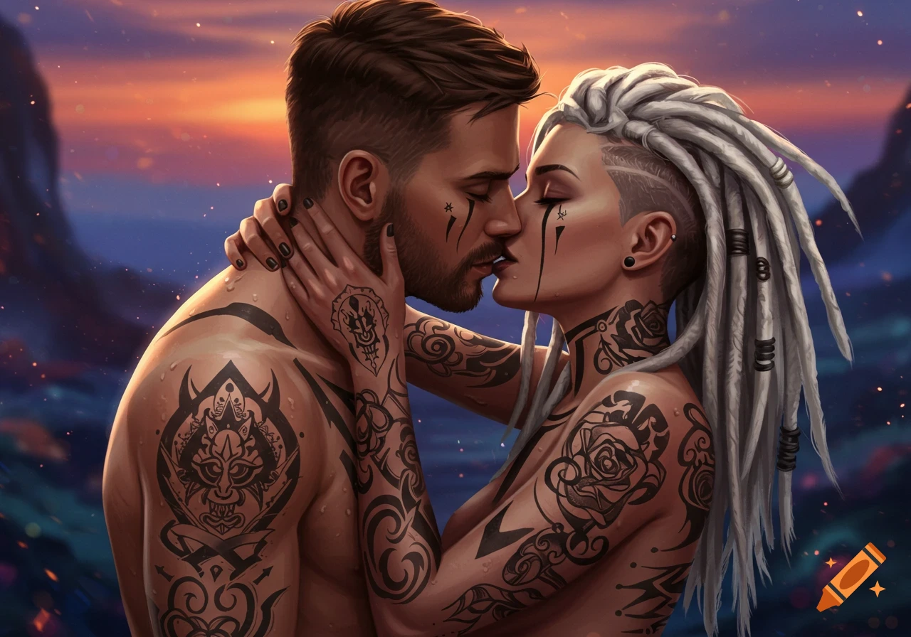 A heavily tattooed man and woman with white dreadlocks kiss passionately against a colorful sunset, in a digital art style.