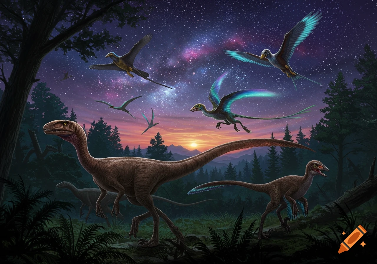 Prehistoric scene with various dinosaurs and pterosaurs walking and flying in a forest under a vibrant sunset and starry cosmic sky.