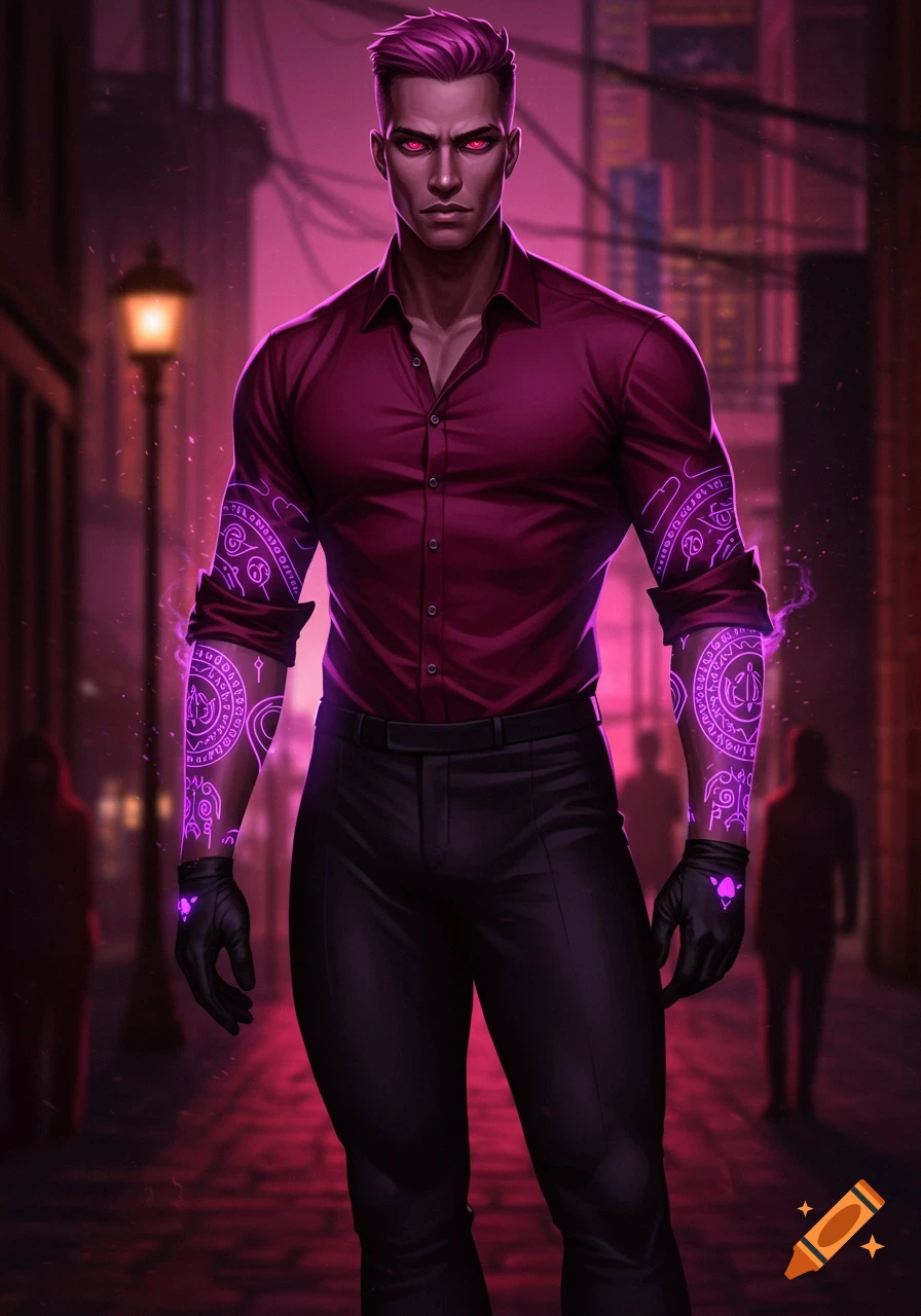 A man with pink hair and glowing red eyes, wearing a red shirt and black pants, stands in a dark urban alley. Purple magical tattoos glow on his arms.