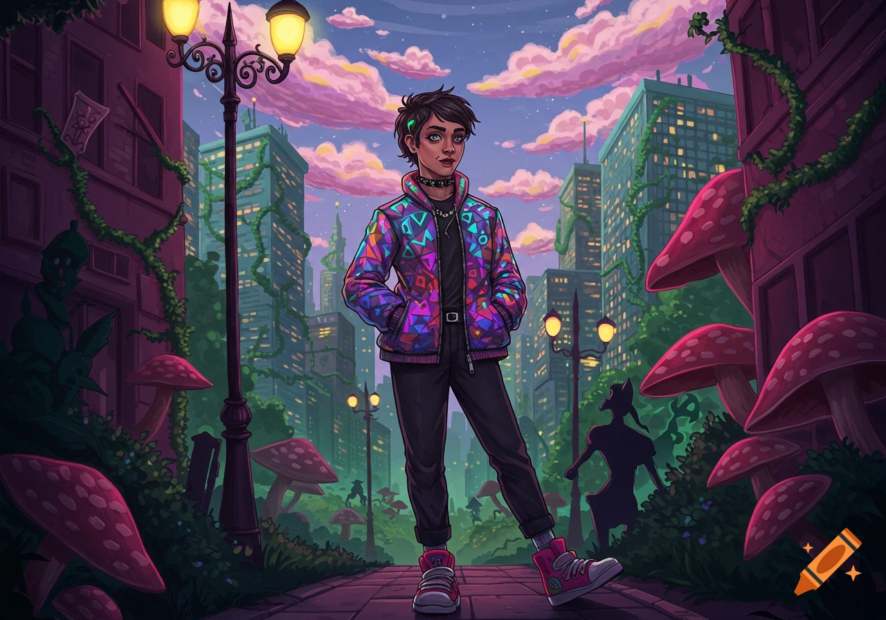 A non-binary person in a colorful jacket stands on a fantastical city street filled with giant mushrooms and glowing lights, anime style.