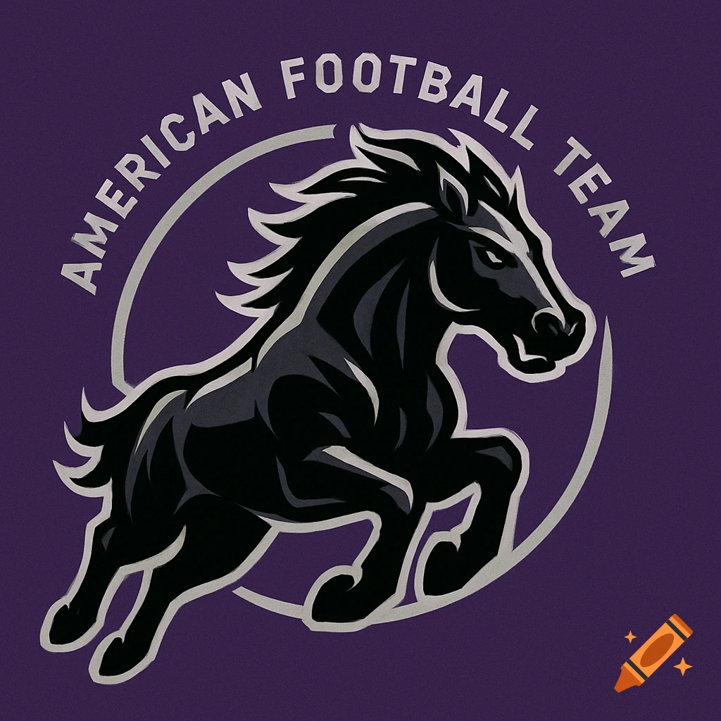 Logo for an American football team featuring a black stallion in a white circle on a purple background.