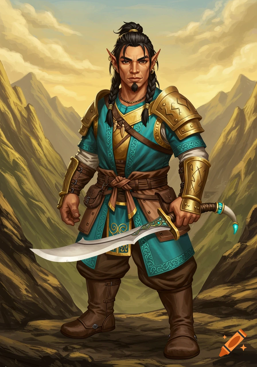 A dark-skinned male halfling warrior in teal and gold armor, holding a curved sword, stands in a mountain landscape.