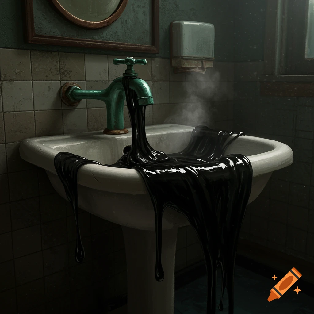 Dark, viscous slime pours from a green faucet into a white sink, overflowing in a moody bathroom setting.
