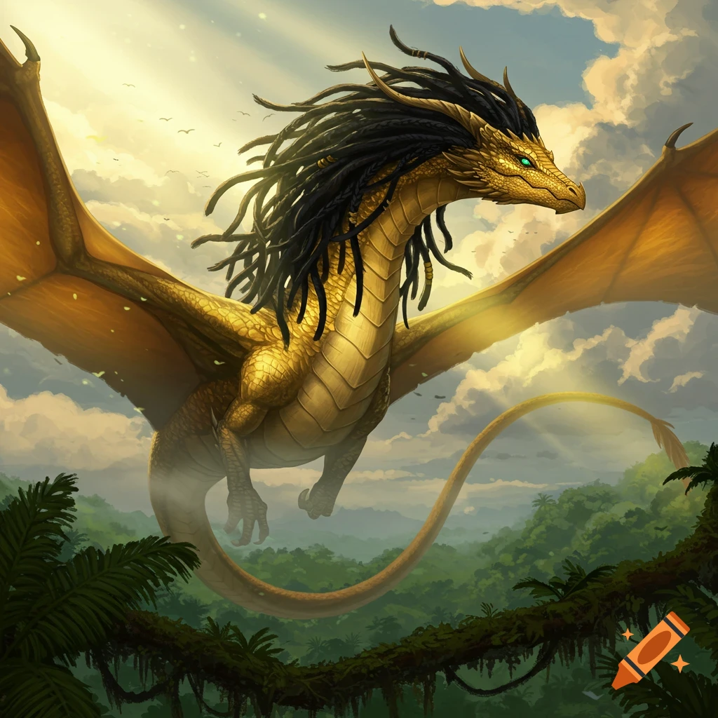 A majestic golden dragon with black dreadlocks flies above a lush green jungle under a sunny, cloudy sky.
