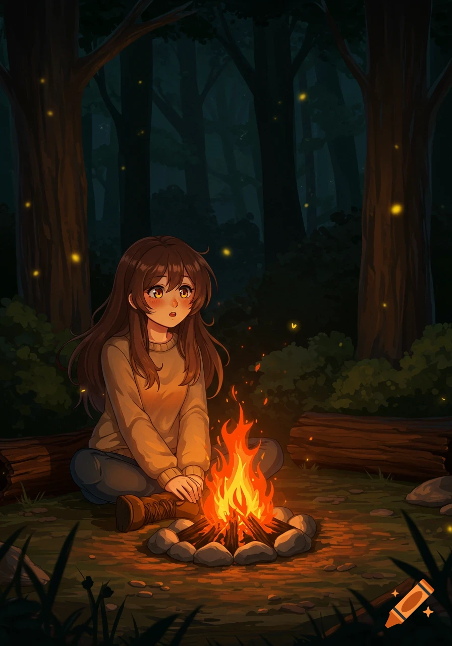 Anime girl with long brown hair sitting by a glowing campfire in a dark forest with fireflies.