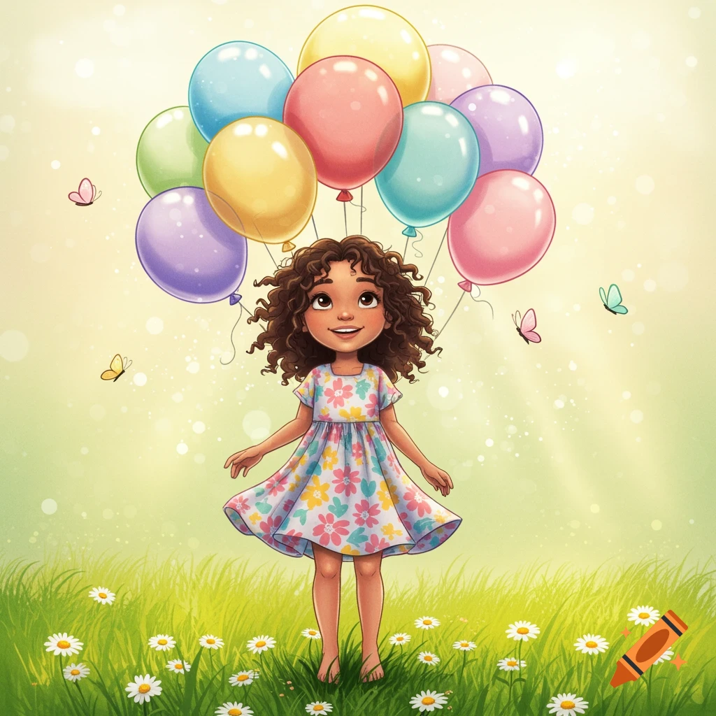 Whimsical illustration of a smiling girl with curly brown hair, holding colorful balloons in a field of daisies with butterflies.