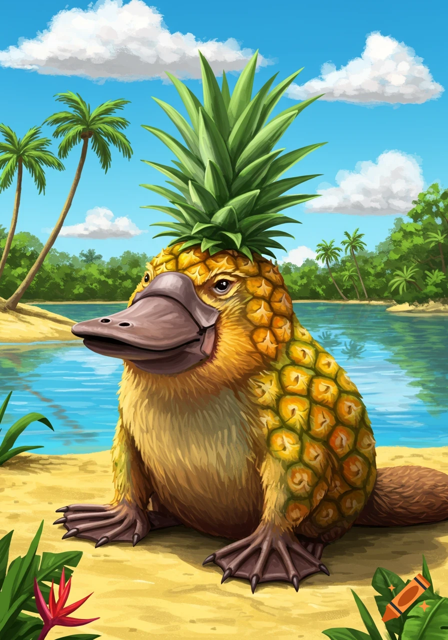 A whimsical illustration of a platypus with a pineapple head and textured skin, sitting on a sandy beach by a lake with palm trees.