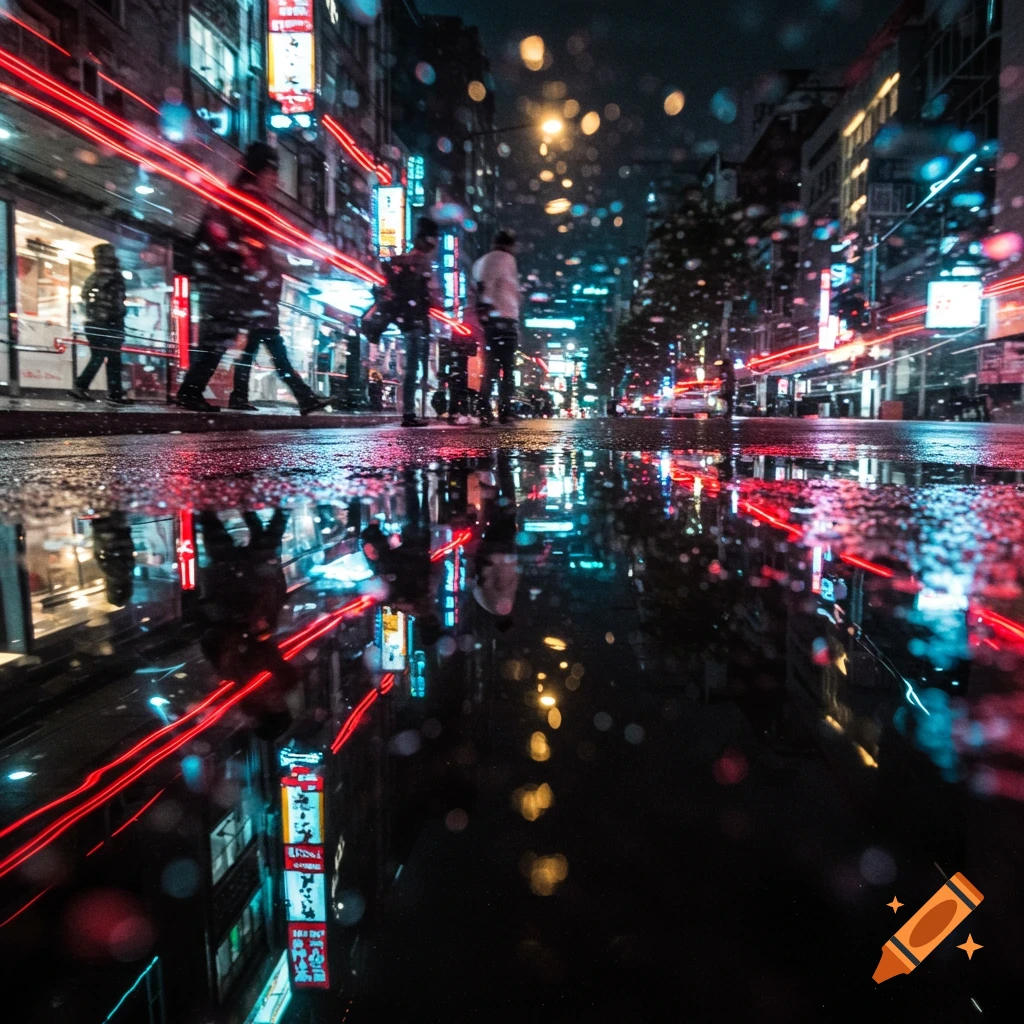 Low-angle street view at night, showing people walking on a sidewalk and vibrant neon lights reflecting on a wet, rippling surface, creating a dynamic, blurred effect.
