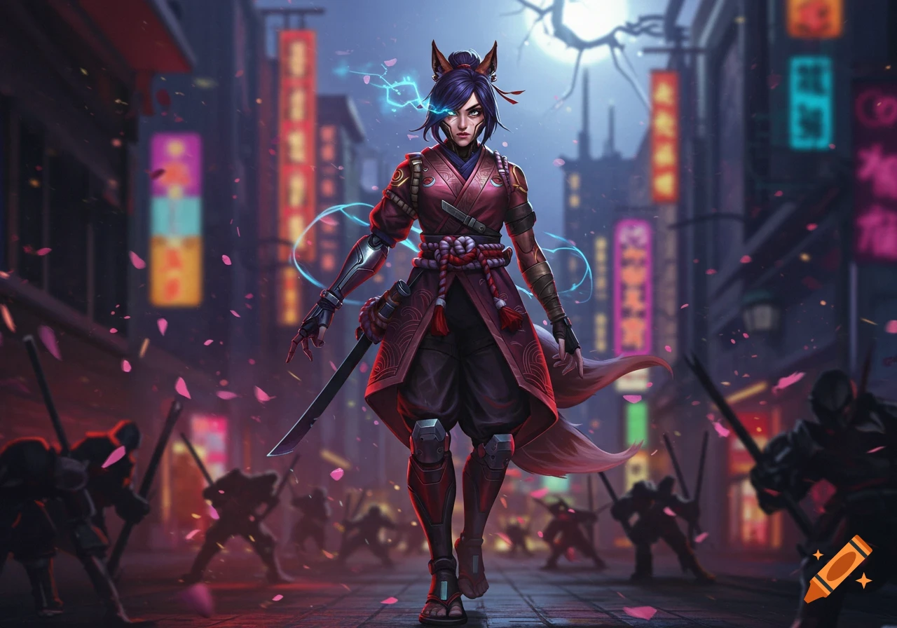 Female fox-eared warrior with a katana and glowing energy in a cyberpunk Japanese street, surrounded by shadowy figures and falling petals.