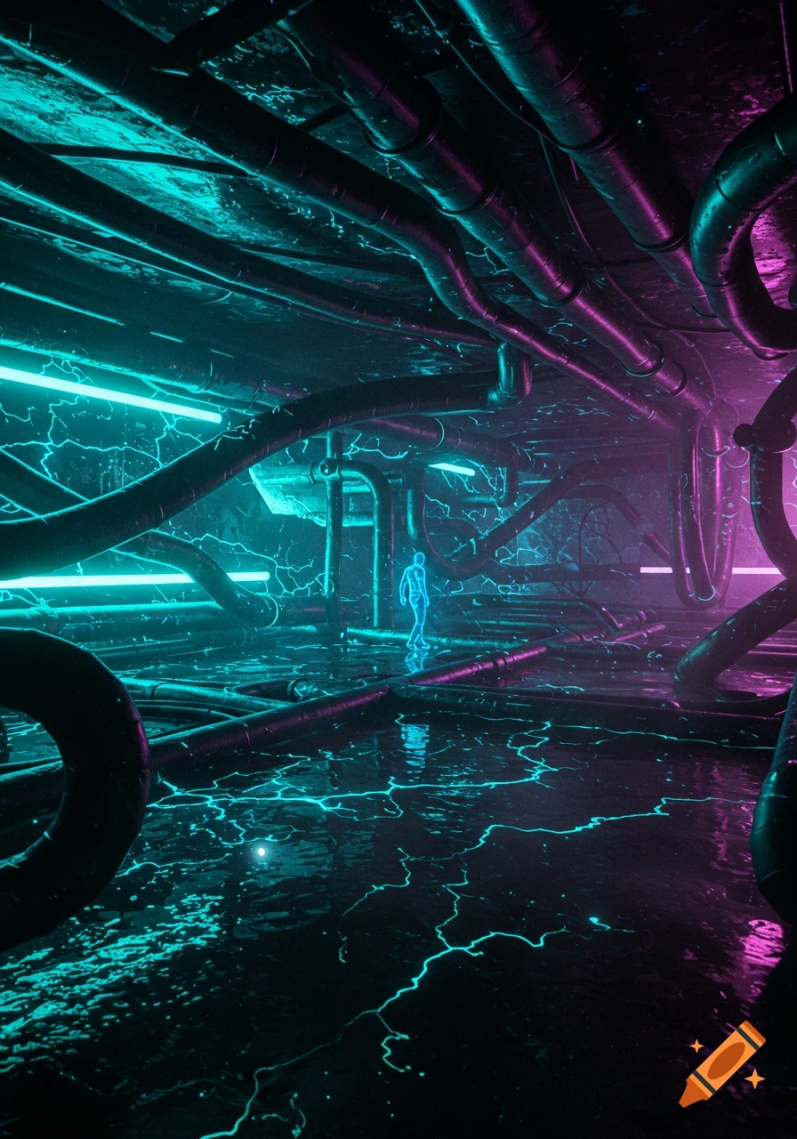A lone glowing figure walks through a dark, futuristic industrial corridor with teal and magenta neon lights reflecting on a wet floor.