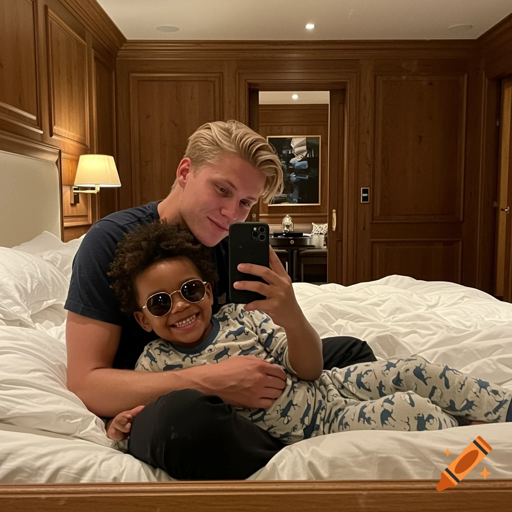 Smiling man with blonde hair and child with afro and sunglasses take a selfie in a luxurious bedroom bed.