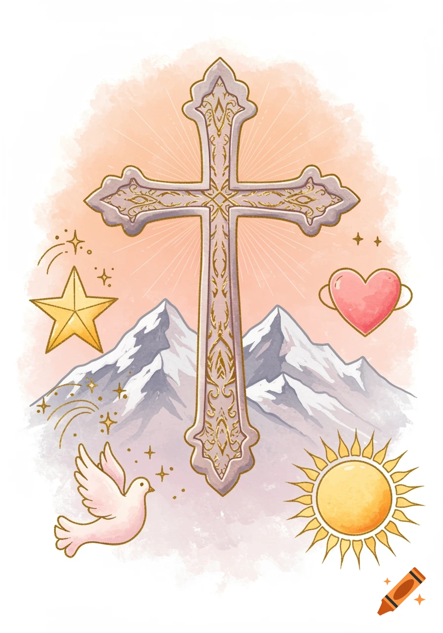 A decorative Christian cross centered above snowy mountains, flanked by a golden star, a pink heart, a white dove, and a yellow sun in a soft watercolor illustration style.