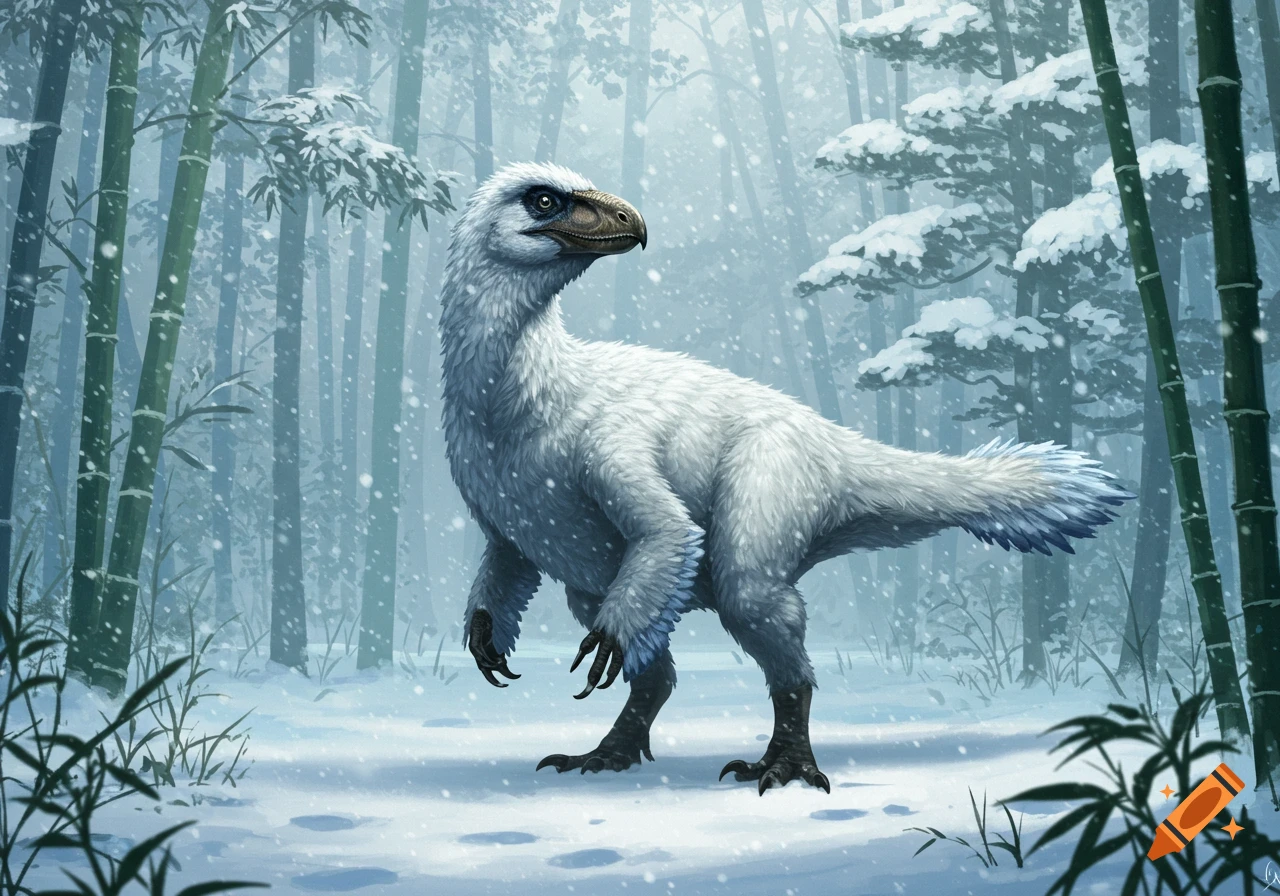 A white feathered Yutyrannus dinosaur stands in a snowy bamboo forest as snowflakes fall around it.