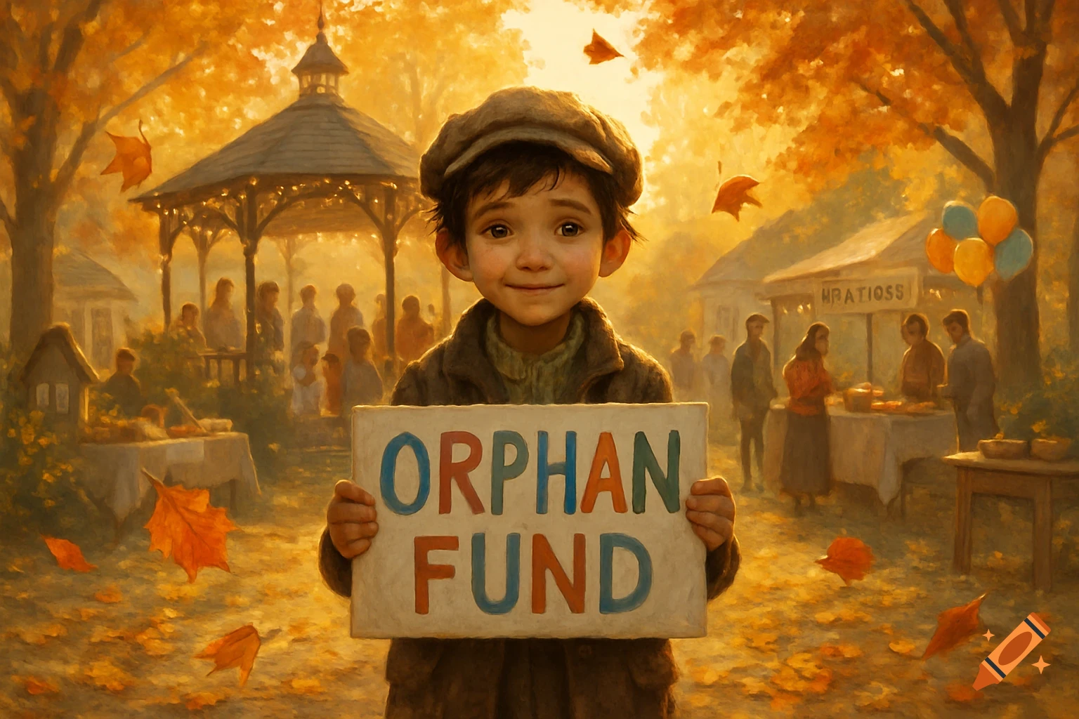 A young boy in a cap holds an 'ORPHAN FUND' sign at an autumn community event, in a painterly style.