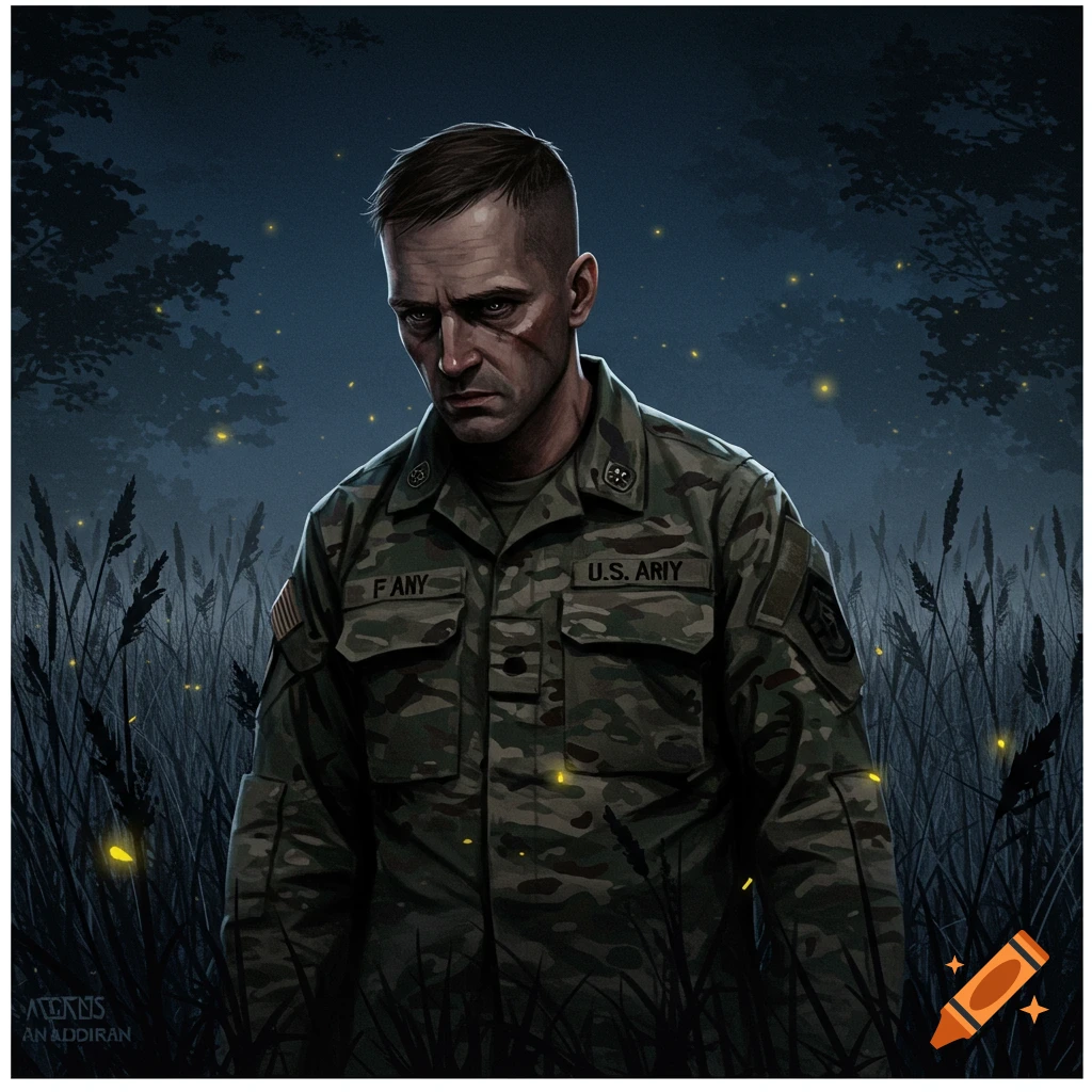 Illustration of a troubled military veteran with scars standing in tall grass at night with fireflies.