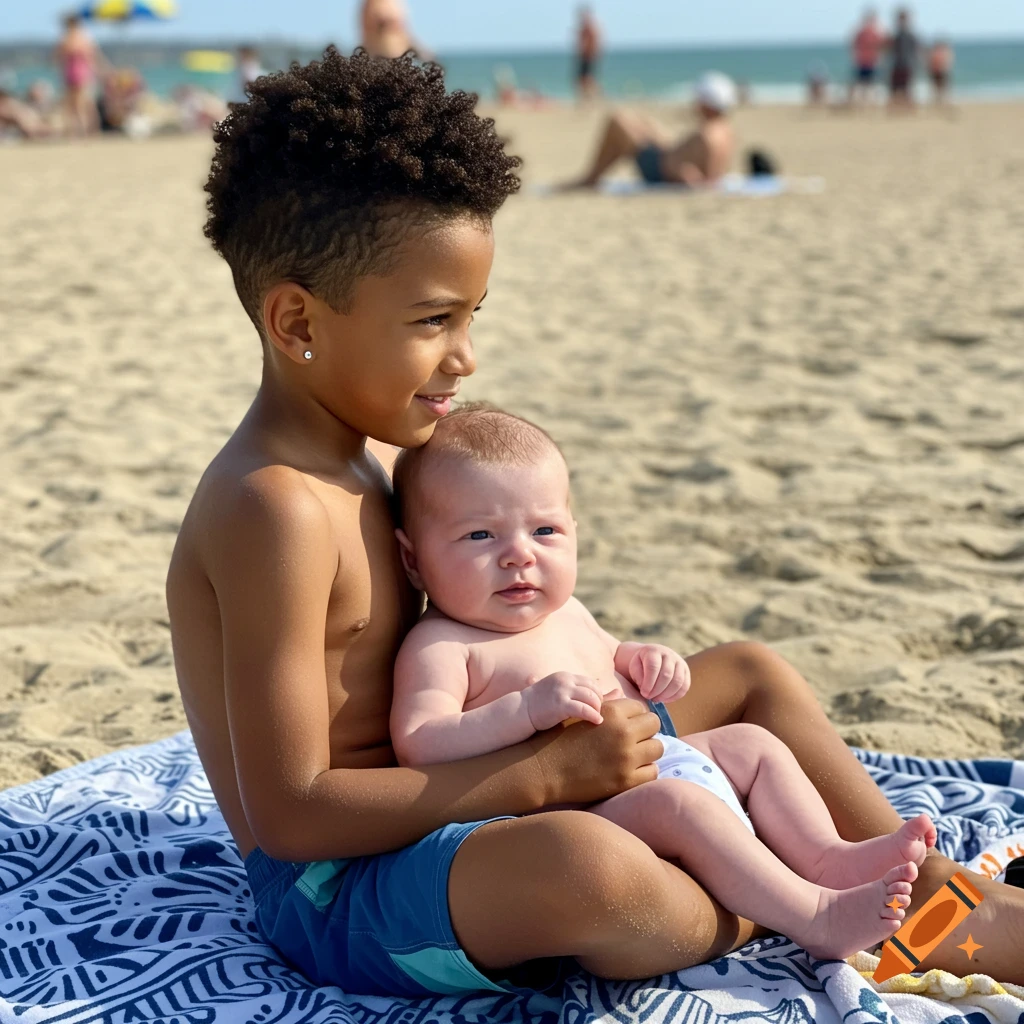 A smiling boy with an afro fade haircut holds a baby on his lap while sitting on a patterned towel at a sunny beach.