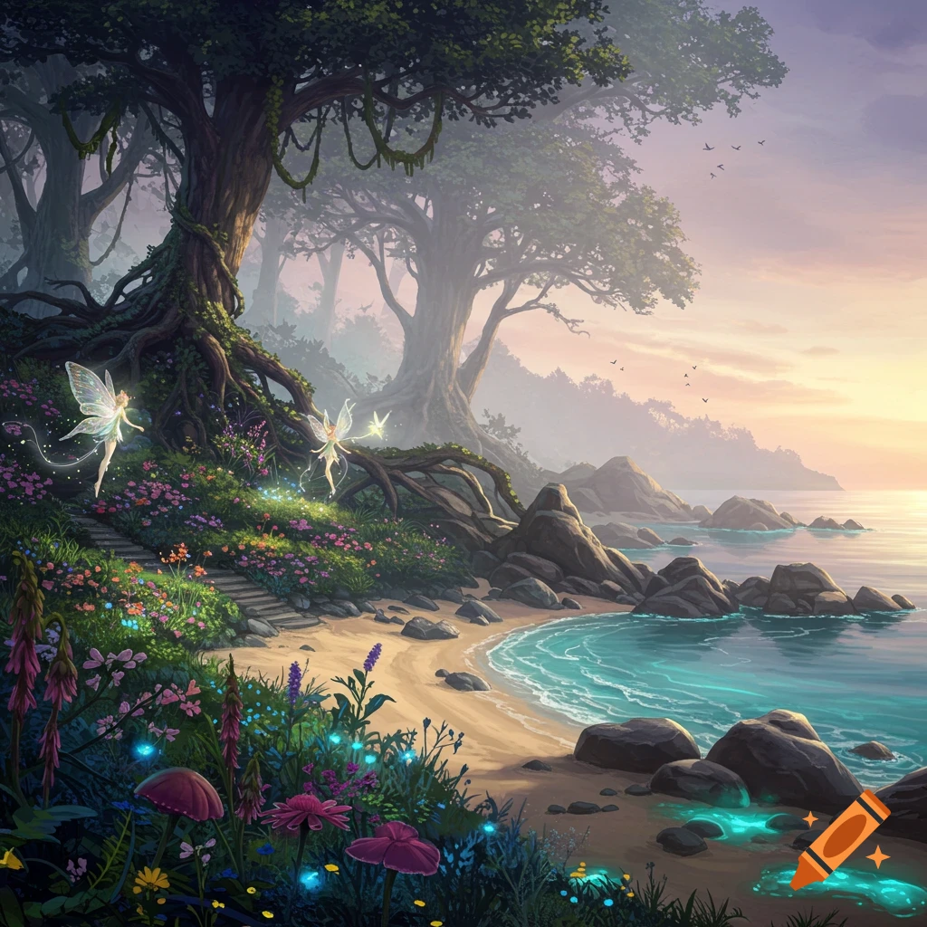 Fantasy landscape of an enchanted forest with fairies on a vibrant beach, glowing flora, and a serene ocean at sunset.