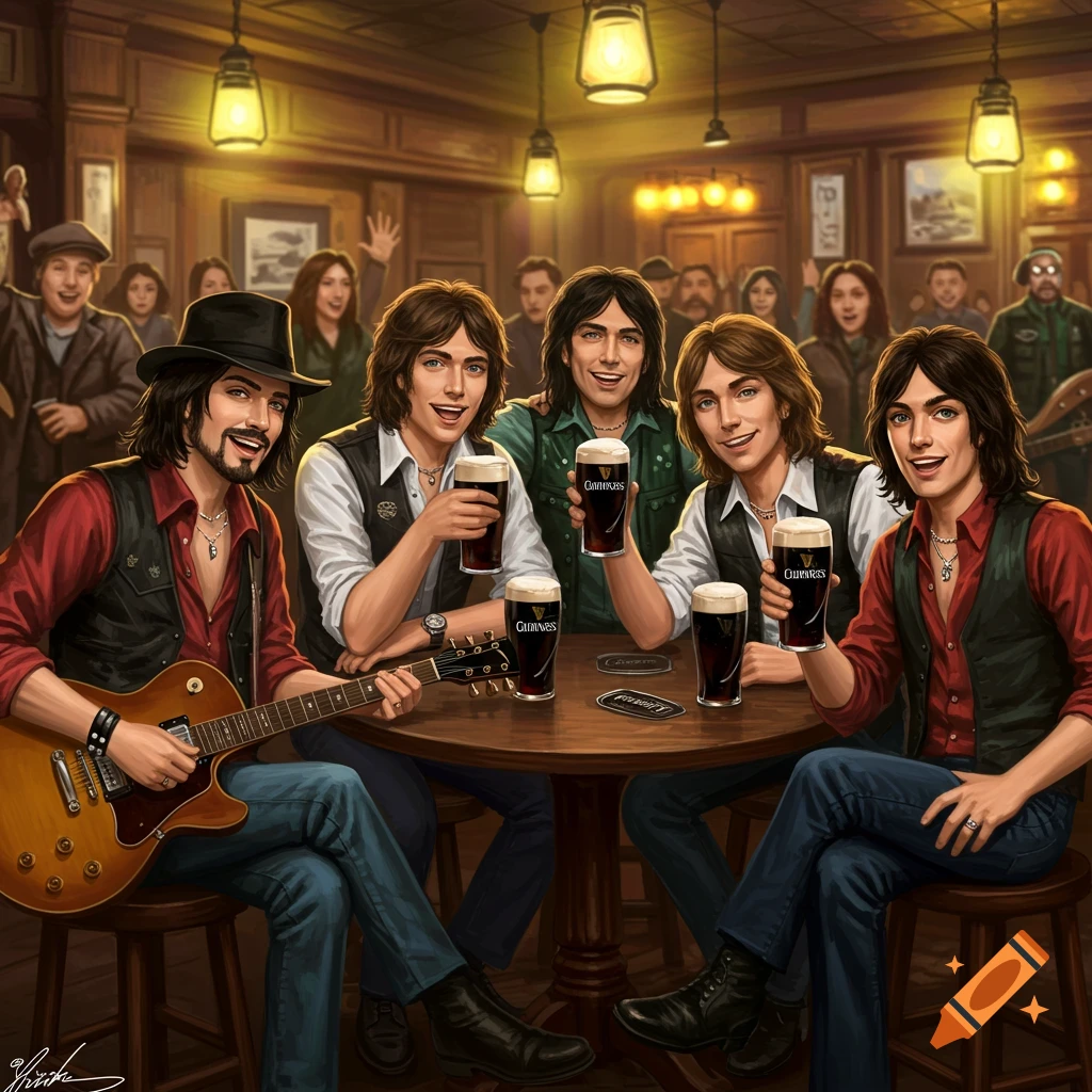A rock band with long hair sits in a lively pub, drinking Guinness and playing guitar, with friends cheering. Painted style.