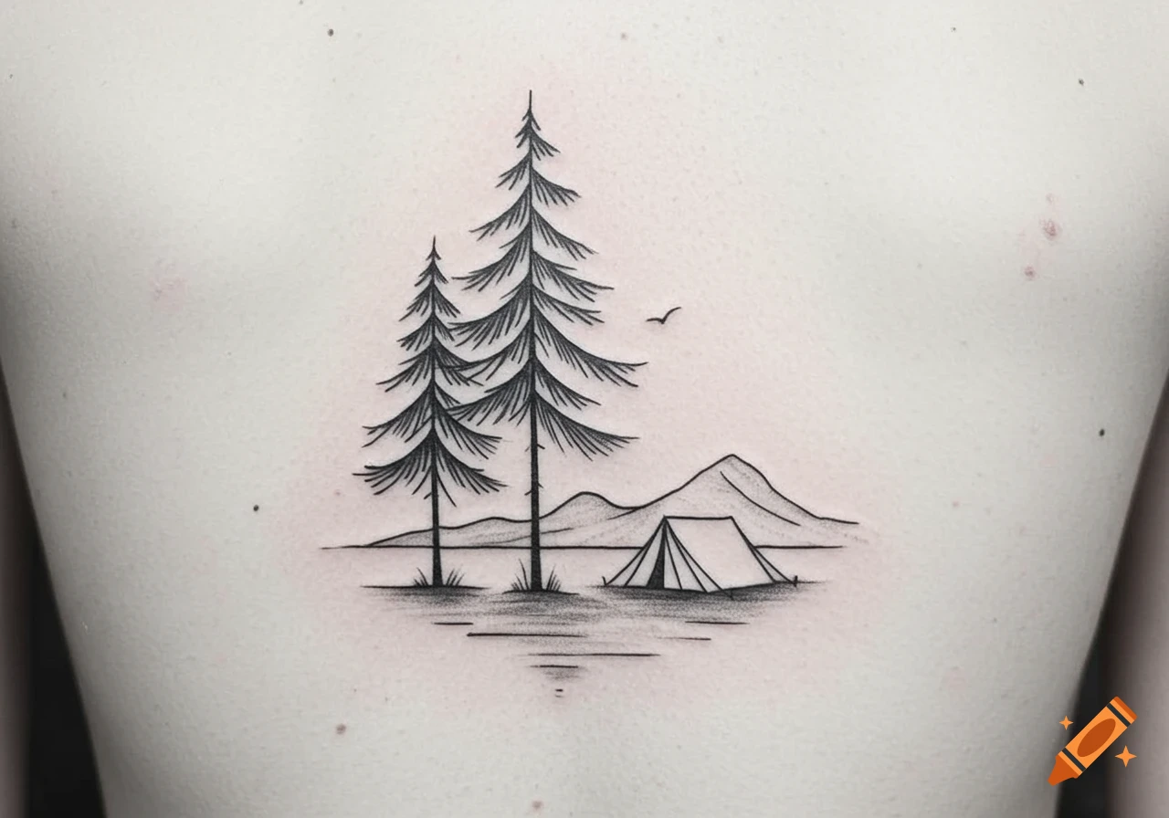 Minimalist black-line tattoo on skin, showing two pine trees, a tent, mountains, and water.