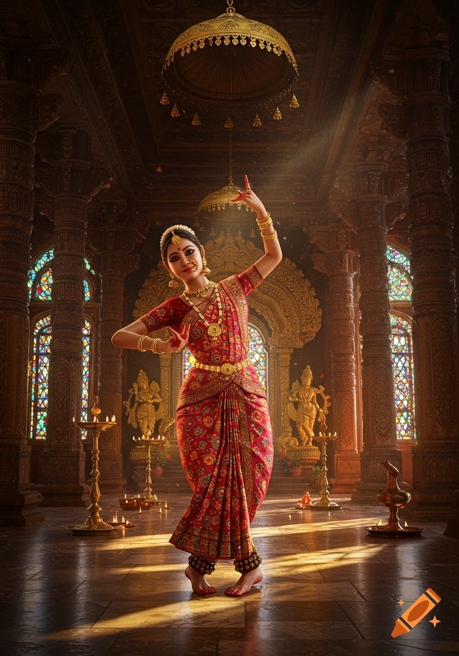 A Manipuri dancer in traditional red and gold attire performs inside a richly decorated Indian temple with stained glass windows and golden statues.
