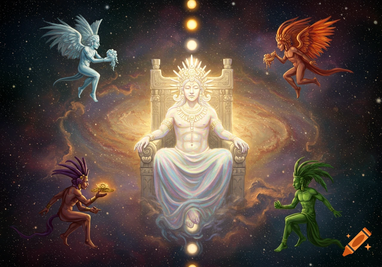 A central deity on a throne, surrounded by four winged figures, all against a cosmic background with a galaxy.