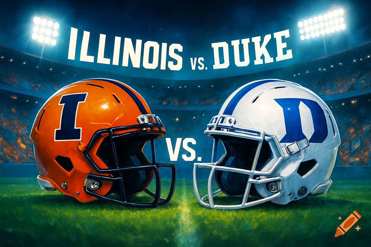 Two football helmets, one orange with an 'I' and one white with a 'D', face each other on a field in a stadium with 'ILLINOIS vs. DUKE' above.