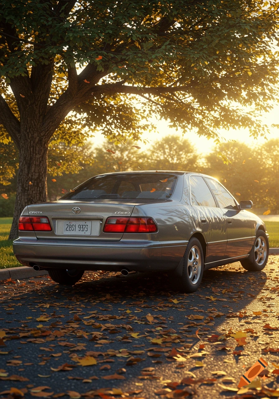 Rear view of a grey sedan, likely a Toyota Camry, parked under a tree with autumn leaves falling around it at sunset. The scene is photorealistic.