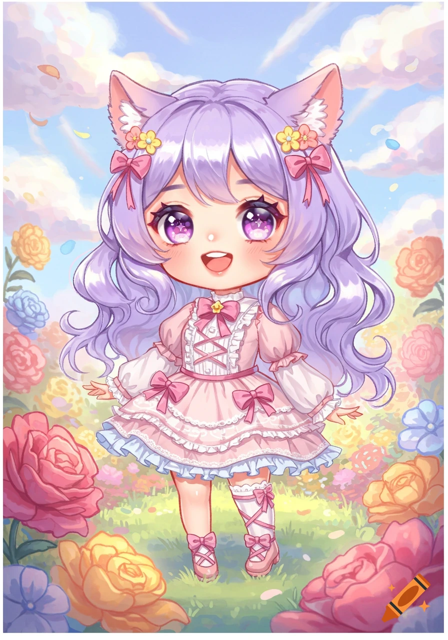 Happy chibi cat-girl with purple hair and pink dress, standing in