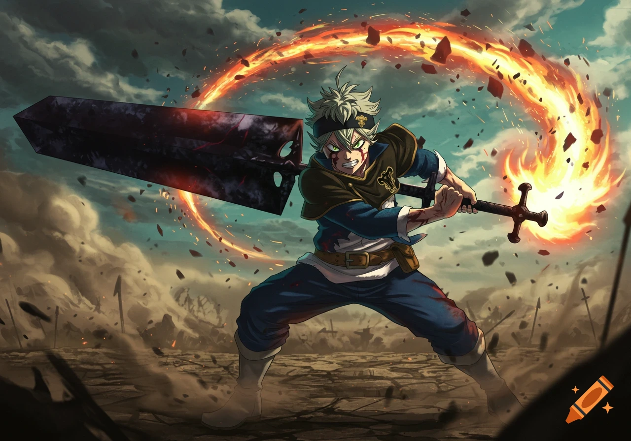 Anime art of Asta from Black Clover in a dynamic battle, wielding a large anti-magic sword with a fiery aura amidst debris.