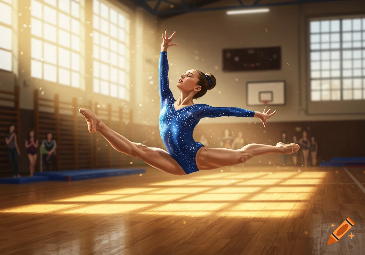 A female gymnast in a blue leotard performs a split jump in a sunlit gymnasium.