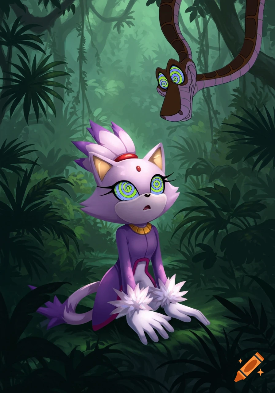 Blaze the Cat with spiral eyes, hypnotized by Kaa the snake in a lush jungle, cartoon style.