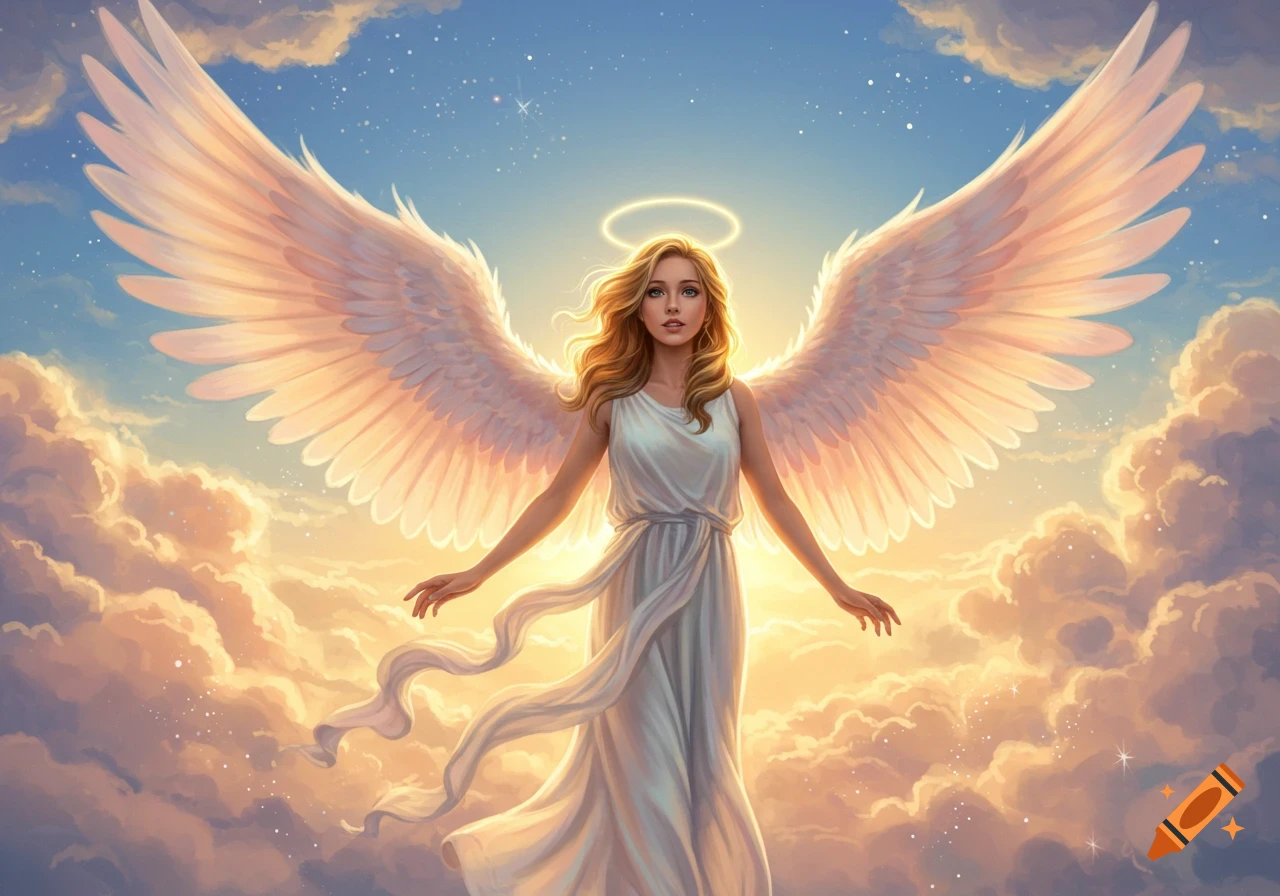 An ethereal blonde angel with large white wings and a halo stands among golden clouds in a blue sky.