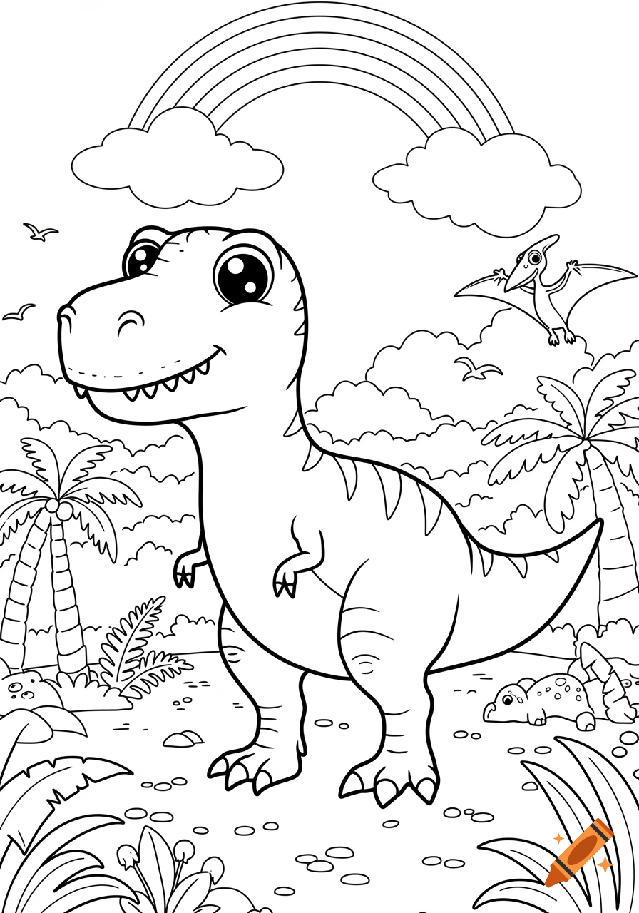 Black and white coloring page of a happy cartoon T-rex in a prehistoric landscape with palm trees, a rainbow, and a flying Pterodactyl.