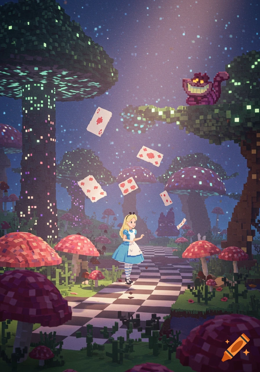 Pixel art Alice in Wonderland on a checkered path with glowing trees, mushrooms, a Cheshire Cat, and floating playing cards.