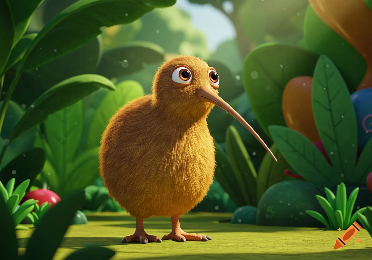 A fluffy, cartoon kiwi bird with large eyes and a long beak stands in a vibrant green jungle.