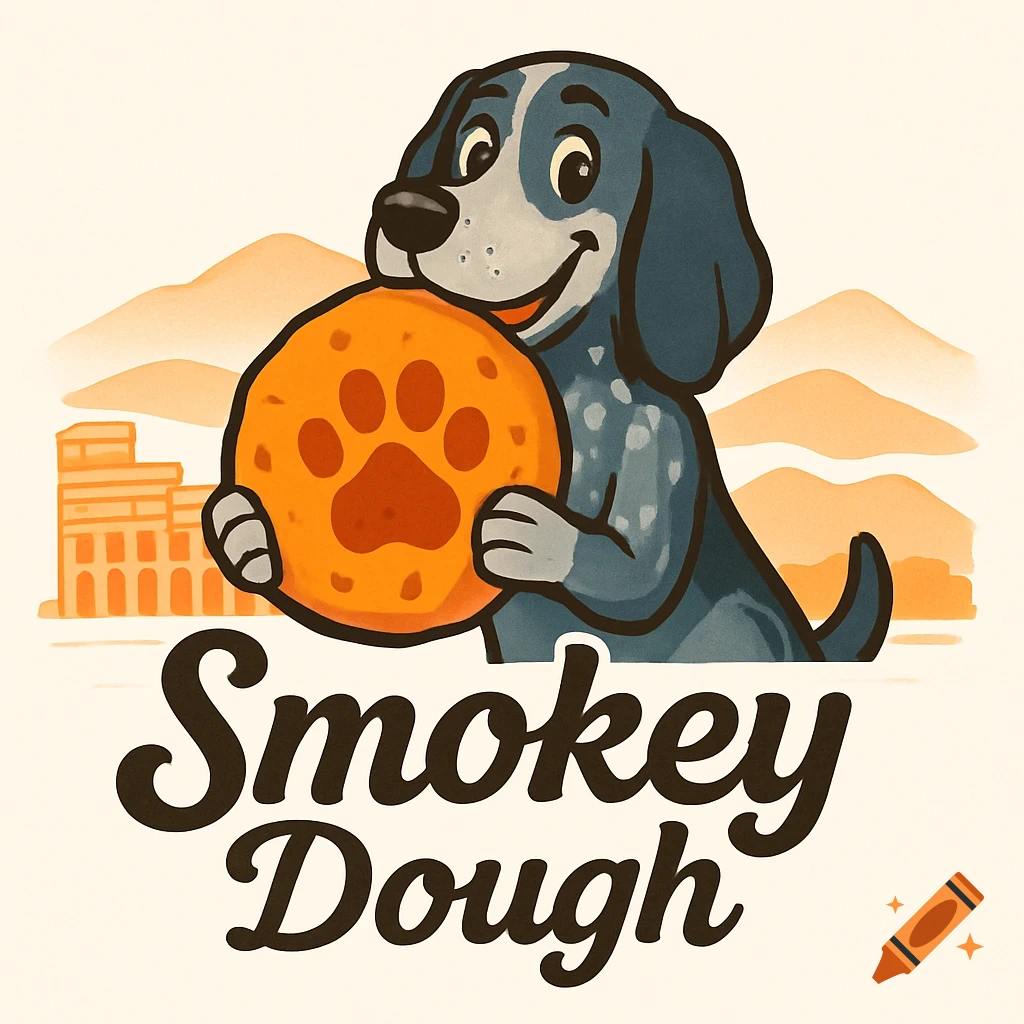 Cartoon bluetick hound dog holding a large orange cookie with a paw print, with 'Smokey Dough' text, mountains and a building in the background.
