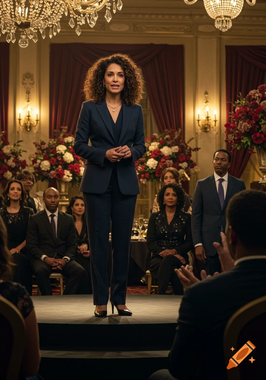 A woman with curly brown hair in a dark blue suit stands on a stage speaking to a formally dressed audience in an ornate room decorated with chandeliers and red floral arrangements.