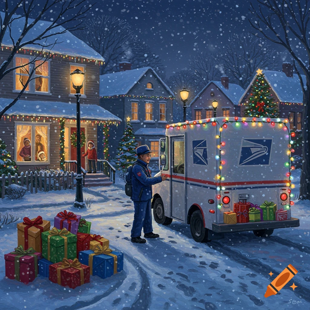 A postal worker delivers Christmas gifts from a decorated USPS truck in a snowy neighborhood at night. People watch from warmly lit houses.
