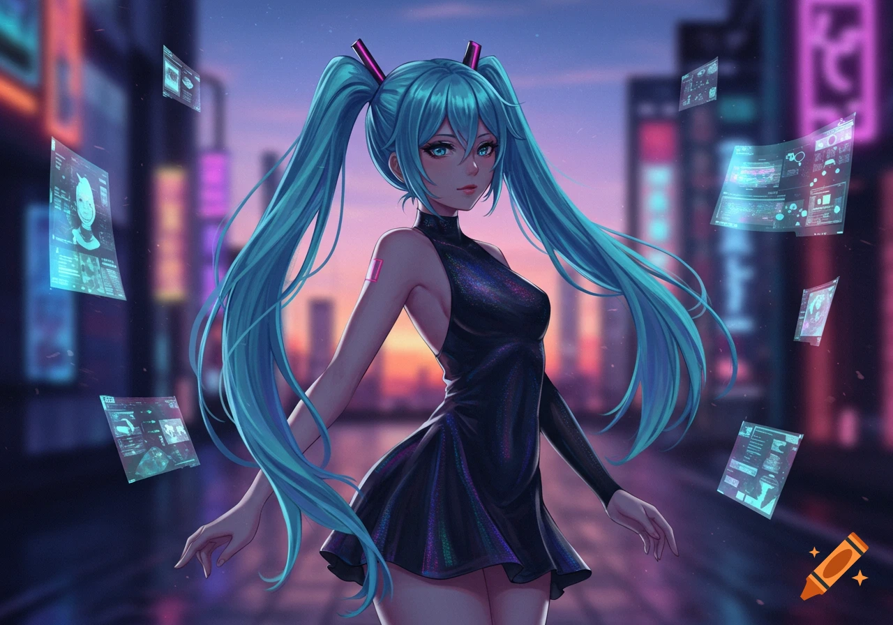 An anime woman with long cyan twin tails in a black sparkling dress stands in a futuristic city with holographic screens.